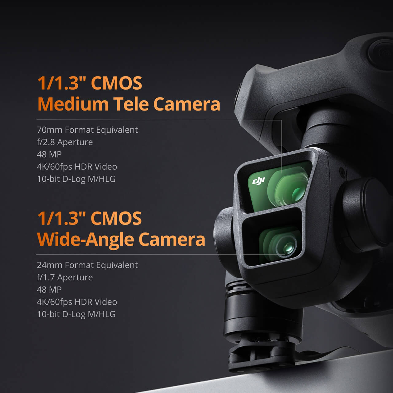 1/1.3"CMOS
Medium Tele Camera
70mmFormatEquivalent
f/2.8Aperture
48MP
4K/60fpsHDRVideo
10-bit D-Log M/HLG
1/1.3" CMOS
Wide-Angle Camera
24mm FormatEquivalent
f/1.7Aperture
48MP
4K/60fpsHDRVideo
10-bit D-LogM/HLG