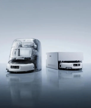 DJI ROMO 2 robot vacuum cleaner with auto-empty station, shown in cutaway view to reveal internal components
