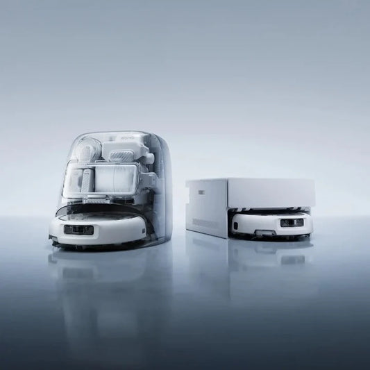 DJI ROMO 2 robot vacuum cleaner with auto-empty station, shown in cutaway view to reveal internal components