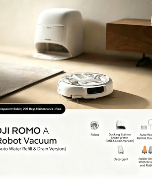 DJI ROMO A Robotic Vacuum and Mop Combo - Auto Refill & Drain Dock, 200 Days Maintenance-Free, Transparent Robot for Home Cleaning
