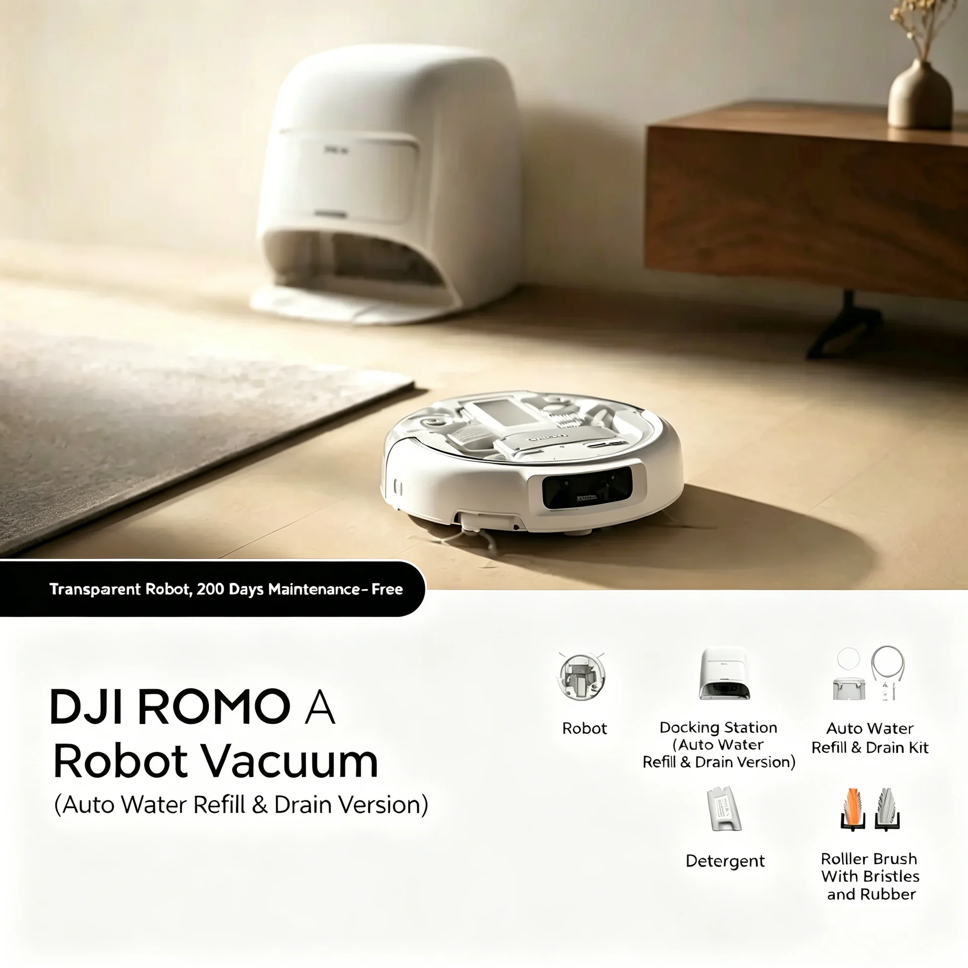 DJI ROMO A Robotic Vacuum and Mop Combo - Auto Refill & Drain Dock, 200 Days Maintenance-Free, Transparent Robot for Home Cleaning