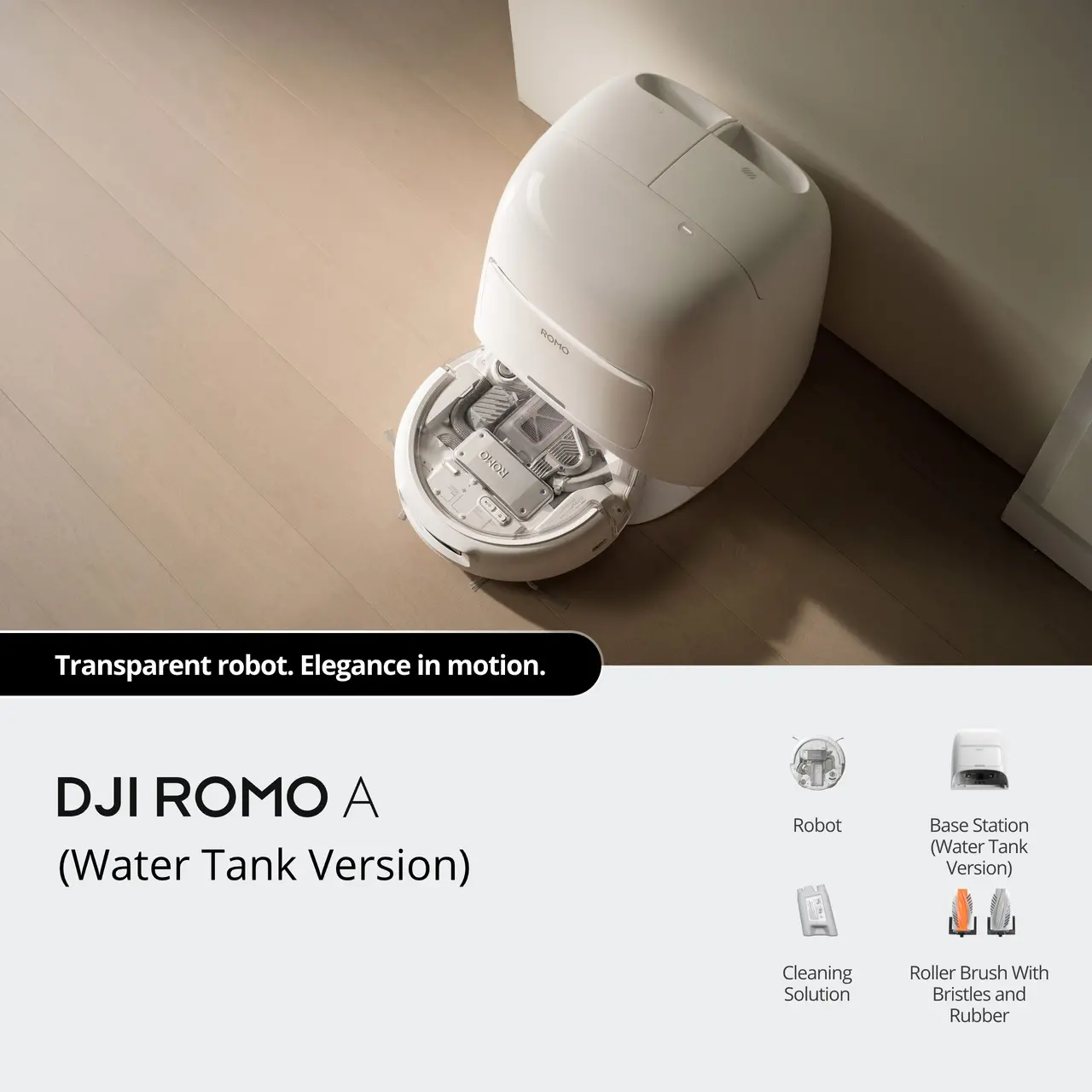 DJI ROMO A Robotic Vacuum and Mop Combo - Water Tank Version with Transparent Robot, Cleaning Solution and Bristle Roller Brush