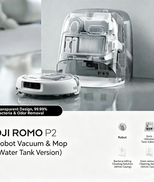DJI ROMO P2 Robotic Vacuum and Mop Combo - Water Tank Edition, Transparent Dock, Bacteria-Killing and Stain-Removing Cleaning Solutions