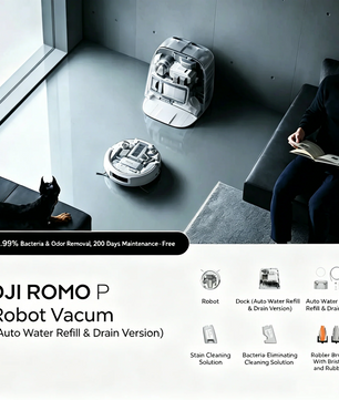 DJI ROMO P Robot Vacuum and Mop Combo - Auto Refill & Drain Dock, 99.99% Bacteria & Odor Removal, 200 Days Maintenance-Free Robotic Cleaner
