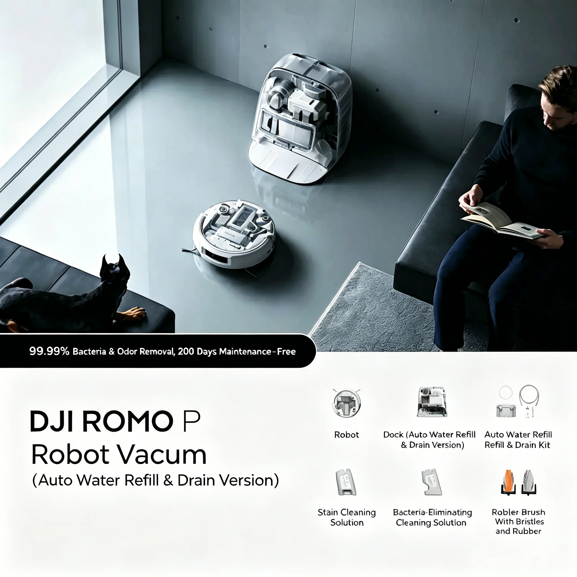 DJI ROMO P Robot Vacuum and Mop Combo - Auto Refill & Drain Dock, 99.99% Bacteria & Odor Removal, 200 Days Maintenance-Free Robotic Cleaner