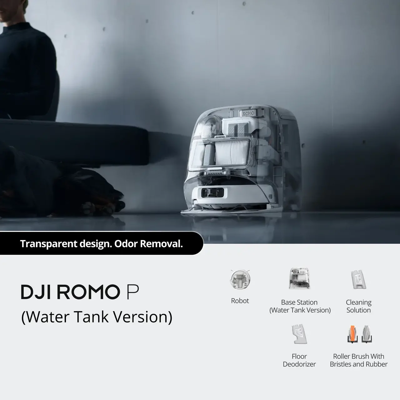 DJI ROMO P Robotic Vacuum and Mop Combo - Water Tank Version with Transparent Design, Floor Deodorizer, and Bristle Roller Brush
