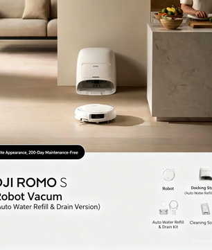DJI ROMO S Robotic Vacuum and Mop Combo - Auto Refill & Drain Dock, 200-Day Maintenance-Free, White Minimalist Home Cleaning Robot