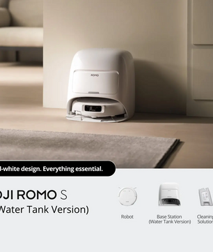 DJI ROMO S Robotic Vacuum and Mop Combo - Water Tank Version, All-White Design with Cleaning Solution and Base Station