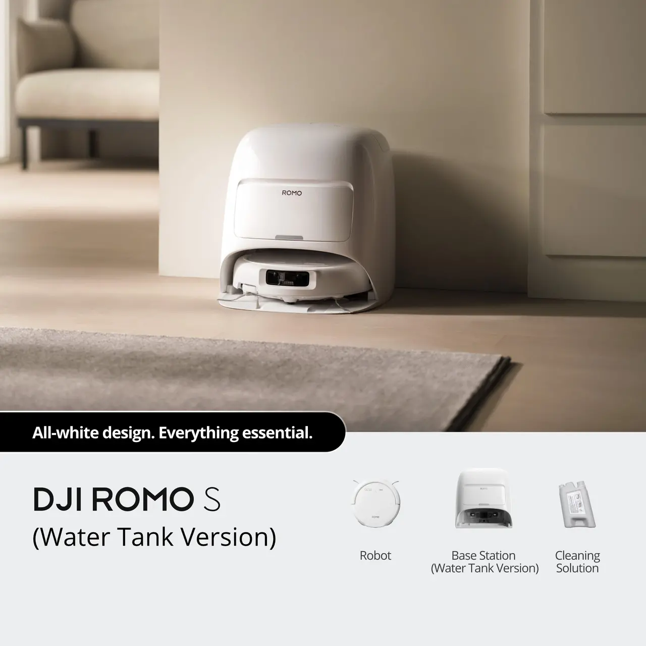 DJI ROMO S Robotic Vacuum and Mop Combo - Water Tank Version, All-White Design with Cleaning Solution and Base Station